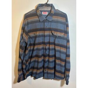 Wrangler Men’s 2XL Flannel Shirt Blue Brown Striped Button Up Long Sleeve